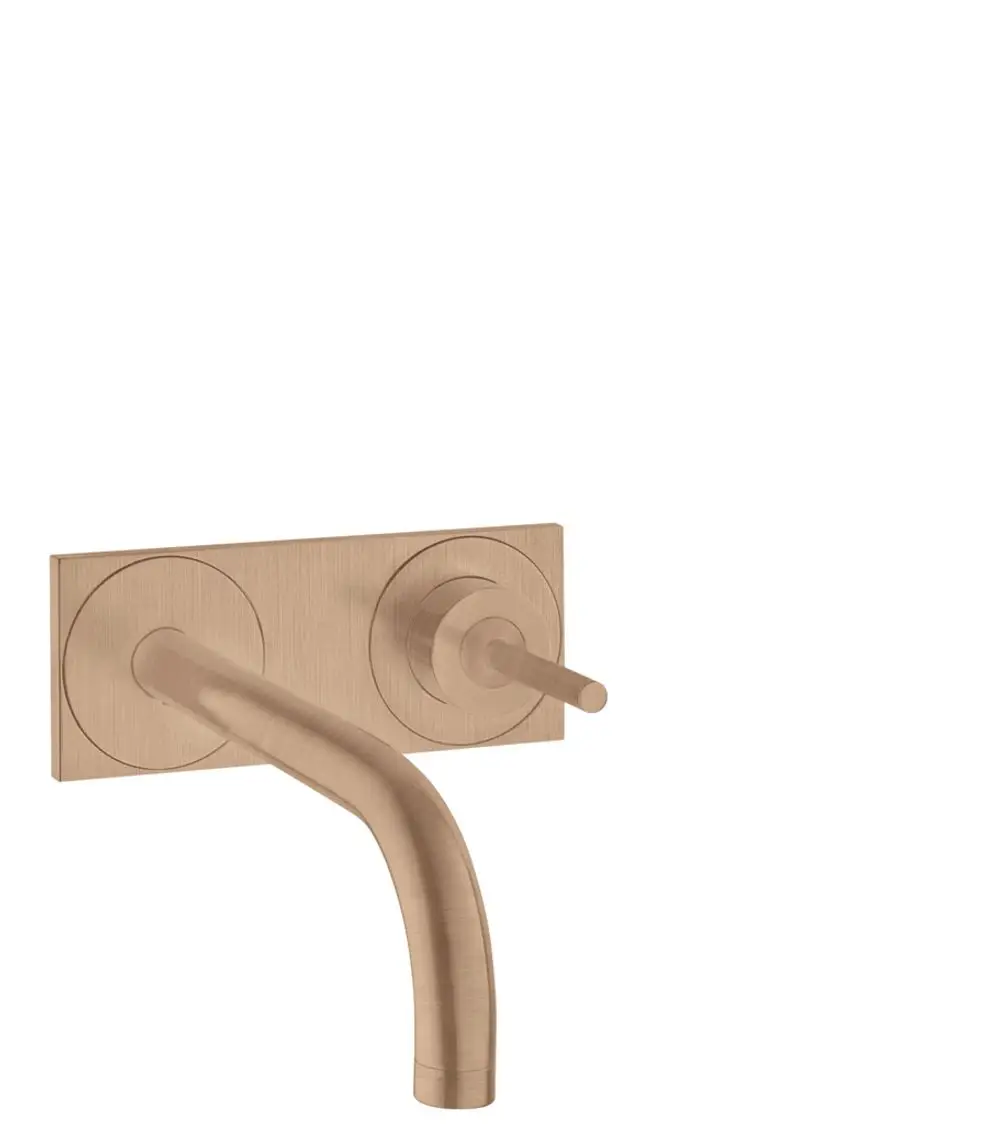 Wandmontierter AXOR-Waschtischmischer mit einem gebogenen Auslauf und einem zentralen Bedienhebel, in gebürstetem Rotgold-Finish mit Wandplatte.